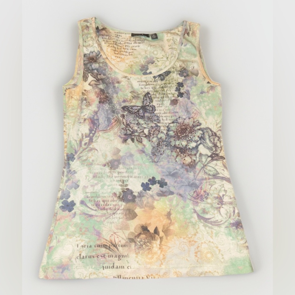 APT 9 Vintage Y2K Tank Top Bling Floral French Garden Butterfly Print, EUC, Sz M